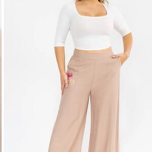 Wide-Leg Embroidered Palazzo Pants in Taupe
